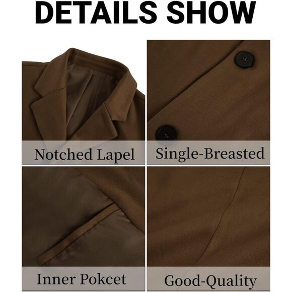 Mens Brown Mid Long Fit Winter Pea Coat Single Breasted Business Trench Coat - Picture 5 of 5